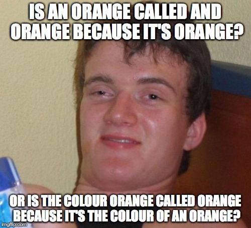 10 Guy Meme | IS AN ORANGE CALLED AND ORANGE BECAUSE IT'S ORANGE? OR IS THE COLOUR ORANGE CALLED ORANGE BECAUSE IT'S THE COLOUR OF AN ORANGE? | image tagged in memes,10 guy | made w/ Imgflip meme maker