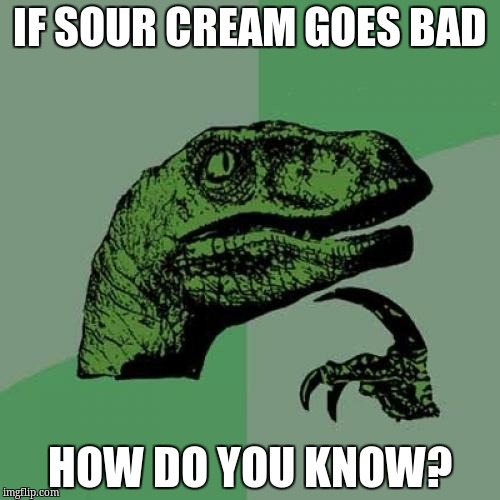 Philosoraptor | IF SOUR CREAM GOES BAD; HOW DO YOU KNOW? | image tagged in memes,philosoraptor | made w/ Imgflip meme maker