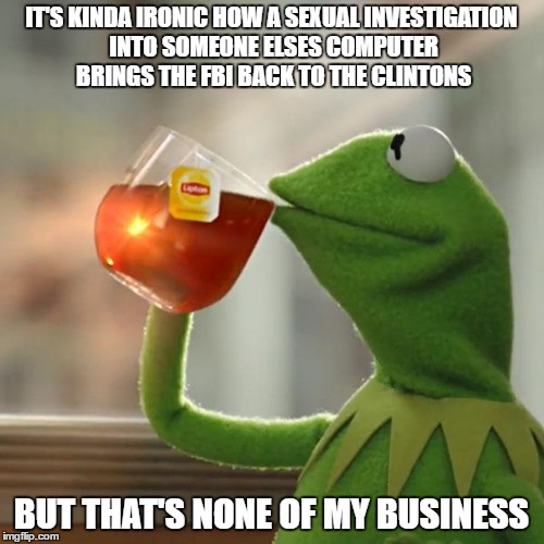 But That's None Of My Business Meme | IT'S KINDA IRONIC HOW A SEXUAL INVESTIGATION INTO SOMEONE ELSES COMPUTER BRINGS THE FBI BACK TO THE CLINTONS; BUT THAT'S NONE OF MY BUSINESS | image tagged in memes,but thats none of my business,kermit the frog | made w/ Imgflip meme maker