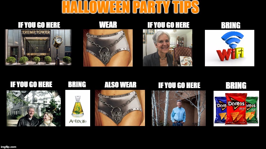 Halloween Party Tips | HALLOWEEN PARTY TIPS; BRING; IF YOU GO HERE; WEAR; IF YOU GO HERE; BRING; IF YOU GO HERE; ALSO WEAR; IF YOU GO HERE; BRING | image tagged in trump,hillary,clinton,halloween,party,election 2016 | made w/ Imgflip meme maker