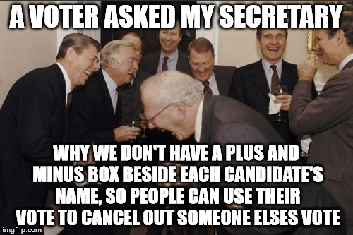 Laughing Men In Suits Meme | A VOTER ASKED MY SECRETARY WHY WE DON'T HAVE A PLUS AND MINUS BOX BESIDE EACH CANDIDATE'S NAME, SO PEOPLE CAN USE THEIR VOTE TO CANCEL OUT S | image tagged in memes,laughing men in suits | made w/ Imgflip meme maker