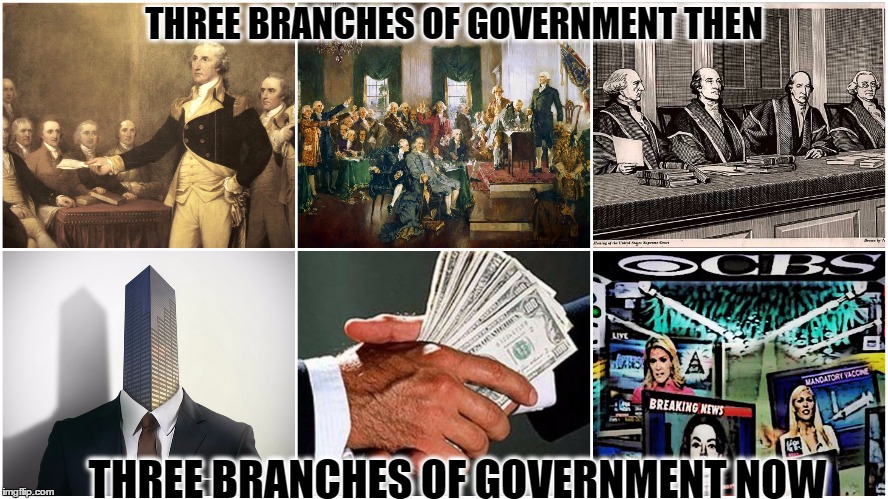 THREE BRANCHES OF GOVERNMENT THEN; THREE BRANCHES OF GOVERNMENT NOW | image tagged in lobbyist,corporations,media,who runs the world | made w/ Imgflip meme maker