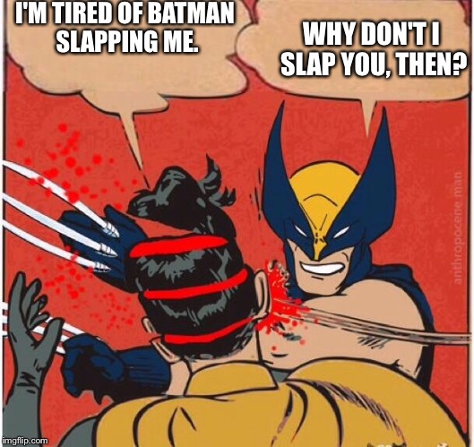 He said he was tired of the slapping. | I'M TIRED OF BATMAN SLAPPING ME. WHY DON'T I SLAP YOU, THEN? | image tagged in wolverines kills robin | made w/ Imgflip meme maker