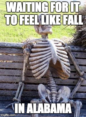 Waiting Skeleton | WAITING FOR IT TO FEEL LIKE FALL; IN ALABAMA | image tagged in memes,waiting skeleton | made w/ Imgflip meme maker