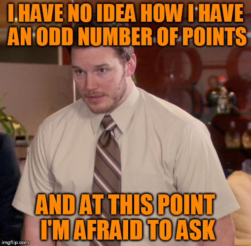 is it downvotes? | I HAVE NO IDEA HOW I HAVE AN ODD NUMBER OF POINTS; AND AT THIS POINT I'M AFRAID TO ASK | image tagged in memes,afraid to ask andy | made w/ Imgflip meme maker