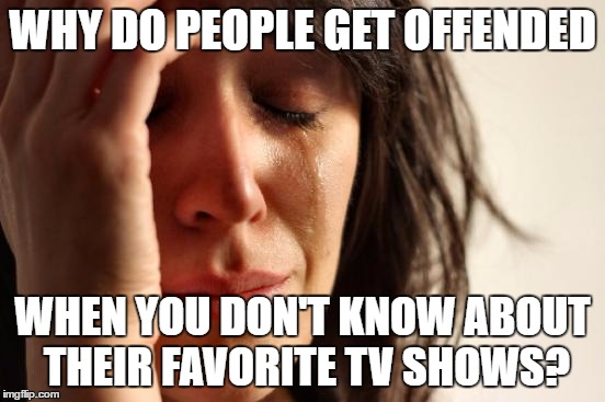 First World Problems Meme | WHY DO PEOPLE GET OFFENDED WHEN YOU DON'T KNOW ABOUT THEIR FAVORITE TV SHOWS? | image tagged in memes,first world problems | made w/ Imgflip meme maker