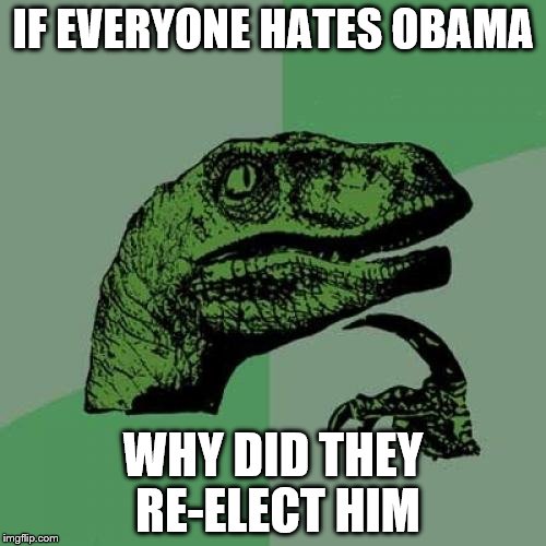 Philosoraptor | IF EVERYONE HATES OBAMA; WHY DID THEY RE-ELECT HIM | image tagged in memes,philosoraptor | made w/ Imgflip meme maker