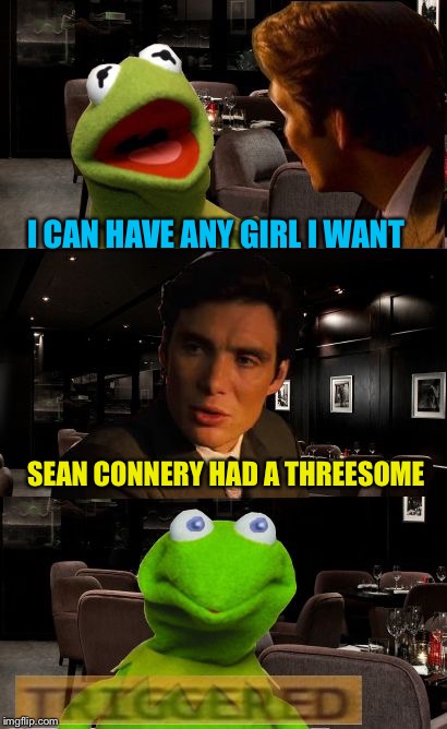 Inspired by a dailymail article that Sean Connery wanted a (Carley) "Simon sisters' sandwich" which he didn't get. | I CAN HAVE ANY GIRL I WANT; SEAN CONNERY HAD A THREESOME | image tagged in kermit triggered,memes | made w/ Imgflip meme maker