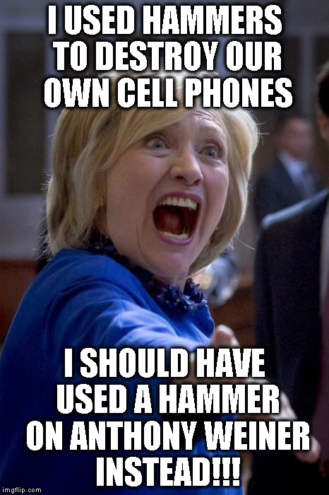 WTF Hillary | I USED HAMMERS TO DESTROY OUR OWN CELL PHONES; I SHOULD HAVE USED A HAMMER ON ANTHONY WEINER INSTEAD!!! | image tagged in wtf hillary | made w/ Imgflip meme maker