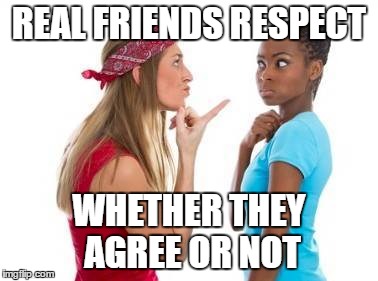 Friends Arguing |  REAL FRIENDS RESPECT; WHETHER THEY AGREE OR NOT | image tagged in friends arguing | made w/ Imgflip meme maker