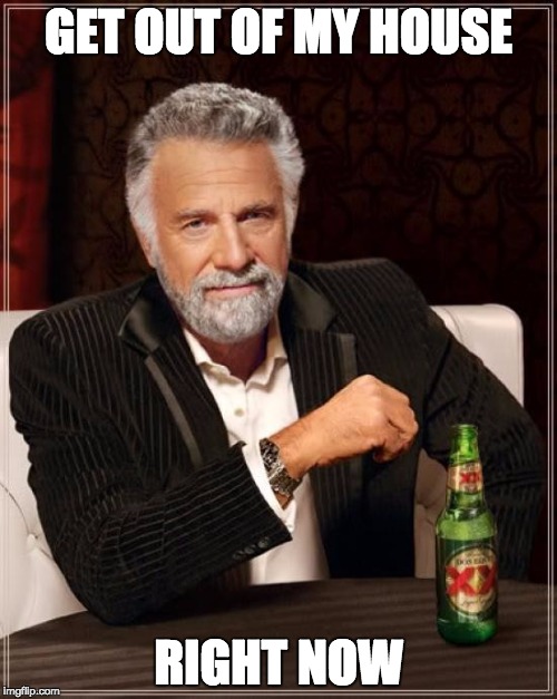 Get out of my house | GET OUT OF MY HOUSE; RIGHT NOW | image tagged in memes,the most interesting man in the world,get out,gtfo | made w/ Imgflip meme maker