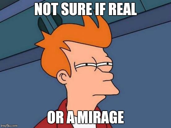 Futurama Fry | NOT SURE IF REAL; OR A MIRAGE | image tagged in memes,futurama fry | made w/ Imgflip meme maker