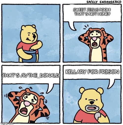 Sweet Jesus Pooh | SWEET JESUS POOH! THAT'S NOT HONEY; KILLARY FOR PRISON; THAT'S /R/THE_DONALD! | image tagged in sweet jesus pooh | made w/ Imgflip meme maker