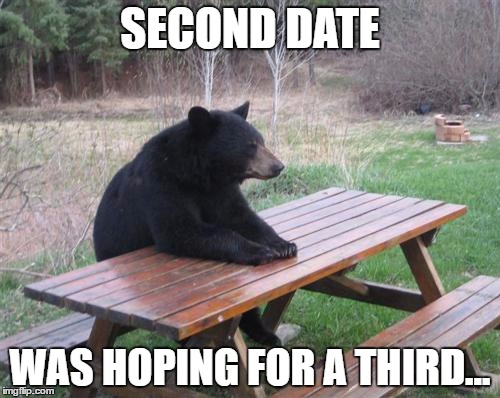 Game or no game | SECOND DATE; WAS HOPING FOR A THIRD... | image tagged in memes,bad luck bear,tinder,second date,dating,love | made w/ Imgflip meme maker