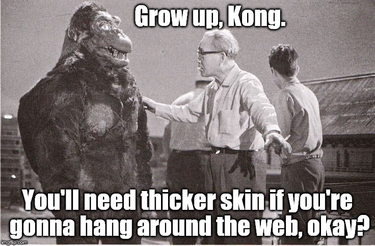Poor Kong turns to friend and mentor, Ishi-san, to unburden himself of his existential internet pain, BUT- | Grow up, Kong. You'll need thicker skin if you're gonna hang around the web, okay? | image tagged in kong with director,internet,existential pain,thicker skin | made w/ Imgflip meme maker