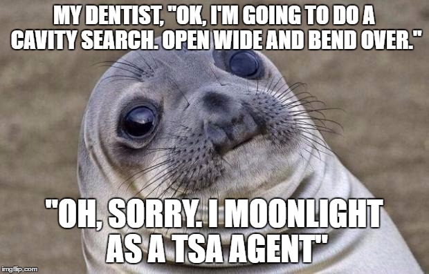 I knew he was joking but I couldn't stop thinking about where his hands might have been. | MY DENTIST, "OK, I'M GOING TO DO A CAVITY SEARCH. OPEN WIDE AND BEND OVER."; "OH, SORRY. I MOONLIGHT AS A TSA AGENT" | image tagged in memes,awkward moment sealion | made w/ Imgflip meme maker