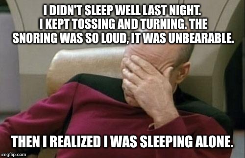 True story... | I DIDN'T SLEEP WELL LAST NIGHT. I KEPT TOSSING AND TURNING. THE SNORING WAS SO LOUD, IT WAS UNBEARABLE. THEN I REALIZED I WAS SLEEPING ALONE. | image tagged in memes,captain picard facepalm | made w/ Imgflip meme maker