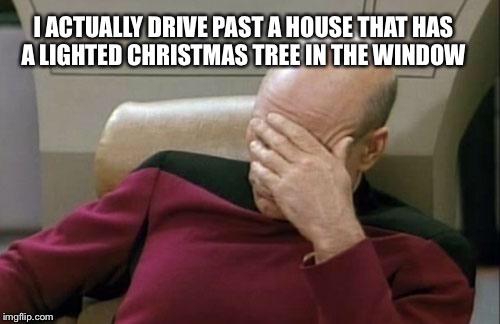 Captain Picard Facepalm Meme | I ACTUALLY DRIVE PAST A HOUSE THAT HAS A LIGHTED CHRISTMAS TREE IN THE WINDOW | image tagged in memes,captain picard facepalm | made w/ Imgflip meme maker