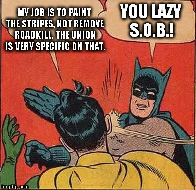 Batman Slapping Robin Meme | MY JOB IS TO PAINT THE STRIPES, NOT REMOVE ROADKILL. THE UNION IS VERY SPECIFIC ON THAT. YOU LAZY S.O.B.! | image tagged in memes,batman slapping robin | made w/ Imgflip meme maker