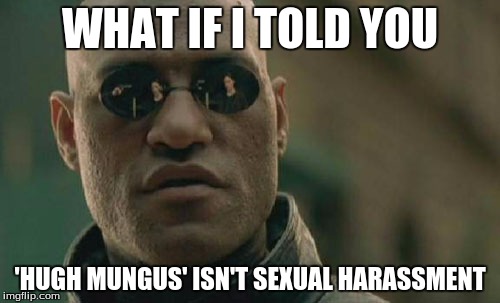 HUGH MUNGUS WOT!? | WHAT IF I TOLD YOU; 'HUGH MUNGUS' ISN'T SEXUAL HARASSMENT | image tagged in memes,matrix morpheus,hugh mungus,sexual,harassment,feminists | made w/ Imgflip meme maker