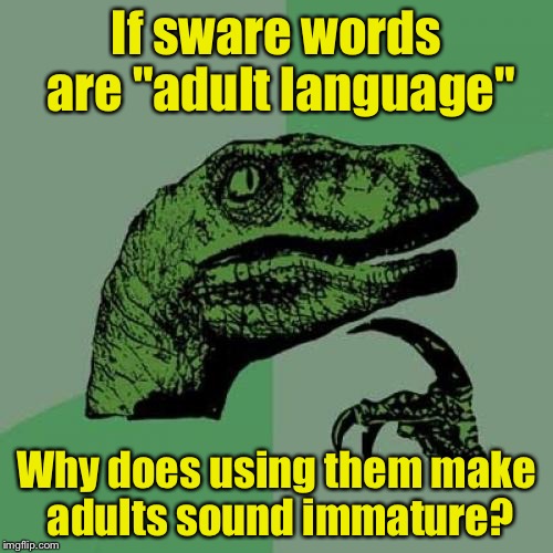 Philosoraptor Meme | If sware words are "adult language"; Why does using them make adults sound immature? | image tagged in memes,philosoraptor | made w/ Imgflip meme maker