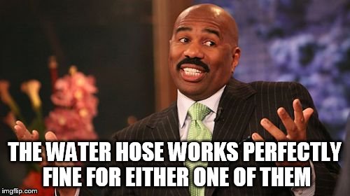THE WATER HOSE WORKS PERFECTLY FINE FOR EITHER ONE OF THEM | image tagged in memes,steve harvey | made w/ Imgflip meme maker