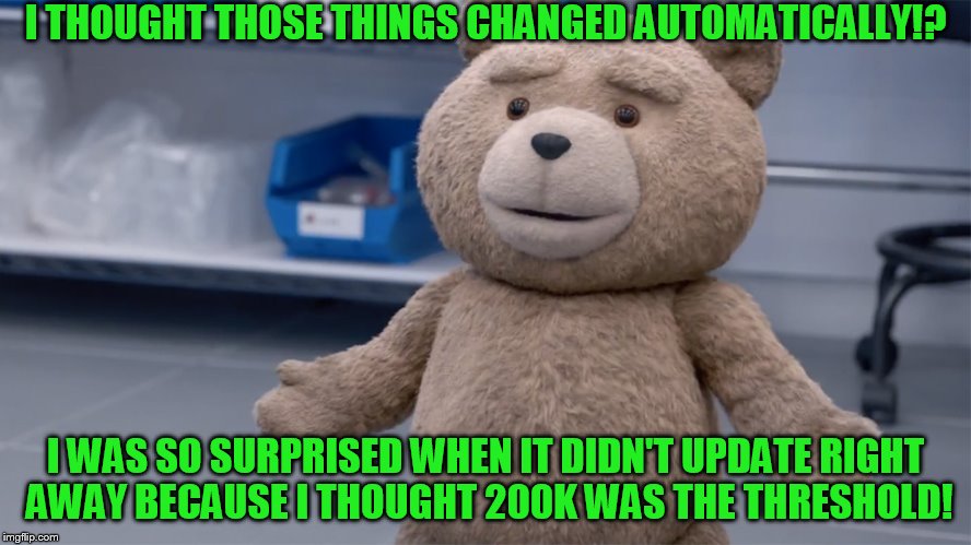 Ted Question | I THOUGHT THOSE THINGS CHANGED AUTOMATICALLY!? I WAS SO SURPRISED WHEN IT DIDN'T UPDATE RIGHT AWAY BECAUSE I THOUGHT 200K WAS THE THRESHOLD! | image tagged in ted question | made w/ Imgflip meme maker