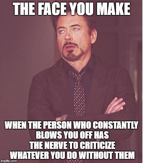 Face You Make Robert Downey Jr | THE FACE YOU MAKE; WHEN THE PERSON WHO CONSTANTLY BLOWS YOU OFF HAS THE NERVE TO CRITICIZE WHATEVER YOU DO WITHOUT THEM | image tagged in memes,face you make robert downey jr | made w/ Imgflip meme maker