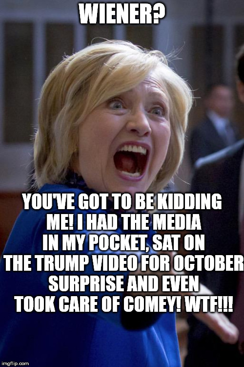 Hillary Shouting | WIENER? YOU'VE GOT TO BE KIDDING ME! I HAD THE MEDIA IN MY POCKET, SAT ON THE TRUMP VIDEO FOR OCTOBER SURPRISE AND EVEN TOOK CARE OF COMEY! WTF!!! | image tagged in hillary shouting | made w/ Imgflip meme maker