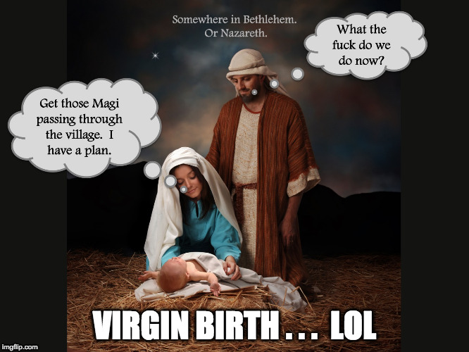 VIRGIN BIRTH . . .  LOL | image tagged in jesus birth | made w/ Imgflip meme maker