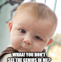 Skeptical Baby | WHAA! YOU DON'T SEE THE GENIUS IN ME? | image tagged in memes,skeptical baby | made w/ Imgflip meme maker