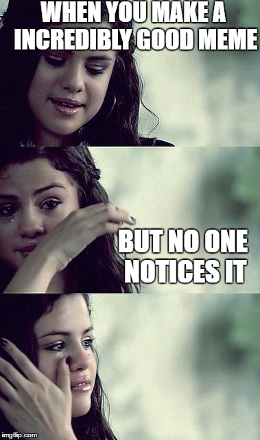 selena gomez crying | WHEN YOU MAKE A INCREDIBLY GOOD MEME; BUT NO ONE NOTICES IT | image tagged in selena gomez crying | made w/ Imgflip meme maker