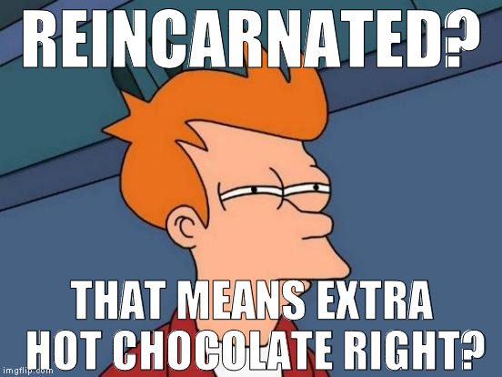 Futurama Fry Meme | REINCARNATED? THAT MEANS EXTRA HOT CHOCOLATE RIGHT? | image tagged in memes,futurama fry | made w/ Imgflip meme maker