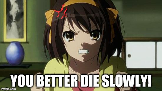 Angry Haruhi | YOU BETTER DIE SLOWLY! | image tagged in angry haruhi | made w/ Imgflip meme maker