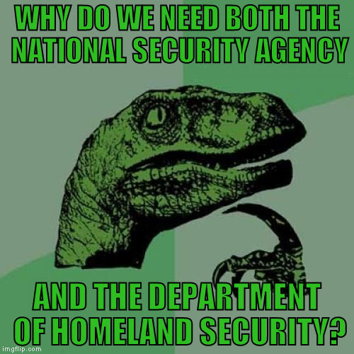 We paid extra for a second NSA and people think Bush was dumb? | WHY DO WE NEED BOTH THE NATIONAL SECURITY AGENCY; AND THE DEPARTMENT OF HOMELAND SECURITY? | image tagged in memes,philosoraptor,nsa,dhs,duped | made w/ Imgflip meme maker