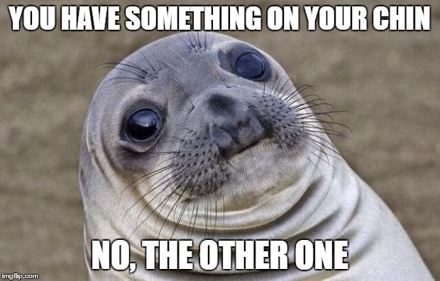 Awkward Moment Sealion | YOU HAVE SOMETHING ON YOUR CHIN; NO, THE OTHER ONE | image tagged in memes,awkward moment sealion | made w/ Imgflip meme maker