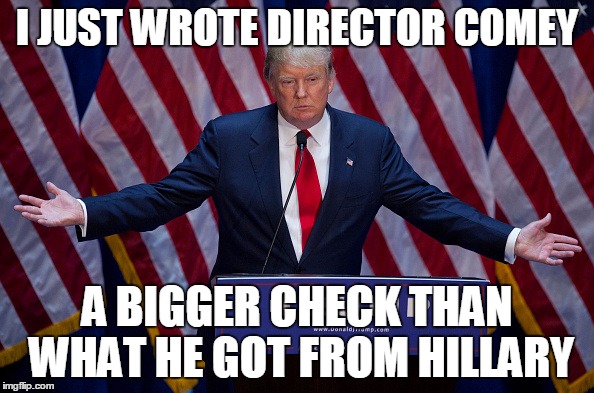 Donald Trump | I JUST WROTE DIRECTOR COMEY; A BIGGER CHECK THAN WHAT HE GOT FROM HILLARY | image tagged in donald trump | made w/ Imgflip meme maker