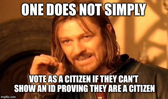 One Does Not Simply | ONE DOES NOT SIMPLY; VOTE AS A CITIZEN IF THEY CAN'T SHOW AN ID PROVING THEY ARE A CITIZEN | image tagged in memes,one does not simply | made w/ Imgflip meme maker