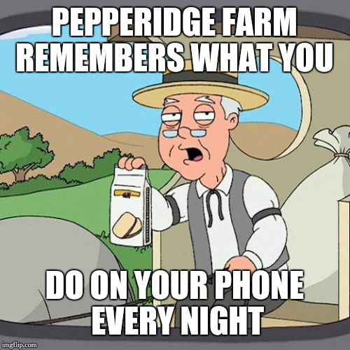 Pepperidge Farm Remembers Meme | PEPPERIDGE FARM REMEMBERS WHAT YOU; DO ON YOUR PHONE EVERY NIGHT | image tagged in memes,pepperidge farm remembers | made w/ Imgflip meme maker