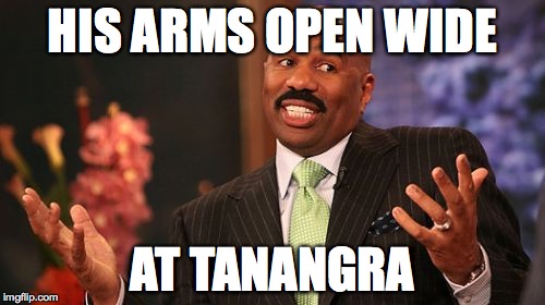 For the TNG fans | HIS ARMS OPEN WIDE; AT TANANGRA | image tagged in memes,steve harvey | made w/ Imgflip meme maker