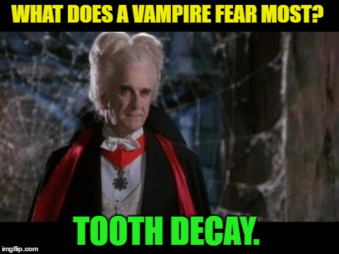 Leslie Nielsen Dracula |  WHAT DOES A VAMPIRE FEAR MOST? TOOTH DECAY. | image tagged in leslie nielsen dracula,memes,funny,cornball | made w/ Imgflip meme maker