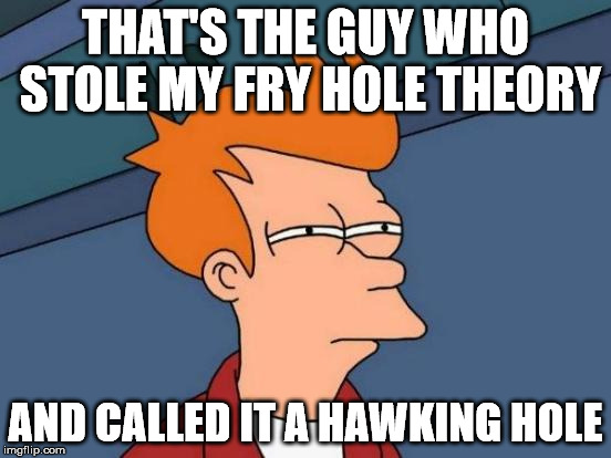 Futurama Fry Meme | THAT'S THE GUY WHO STOLE MY FRY HOLE THEORY AND CALLED IT A HAWKING HOLE | image tagged in memes,futurama fry | made w/ Imgflip meme maker
