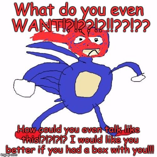Sanic is very angry looking at ya | What do you even WANT!?!??!?!!??!?? How could you even talk like this!?!?!?!? I would like you better if you had a box with you!!! | image tagged in sanic is very angry looking at ya | made w/ Imgflip meme maker