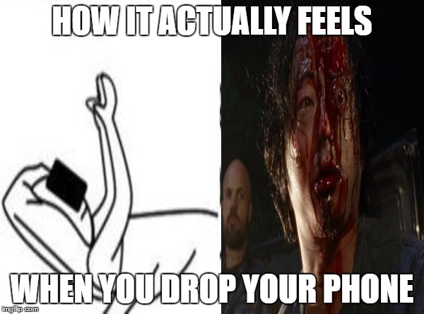 How it actually feels when your phone drops on your face | HOW IT ACTUALLY FEELS; WHEN YOU DROP YOUR PHONE | image tagged in pain,actually feels,glenn,walking dead,phone,tired | made w/ Imgflip meme maker