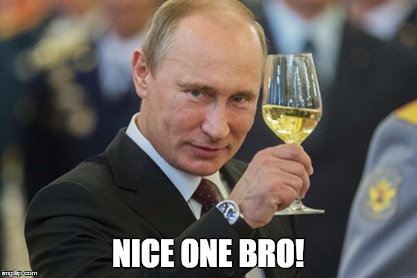 Putin Cheers | NICE ONE BRO! | image tagged in putin cheers | made w/ Imgflip meme maker