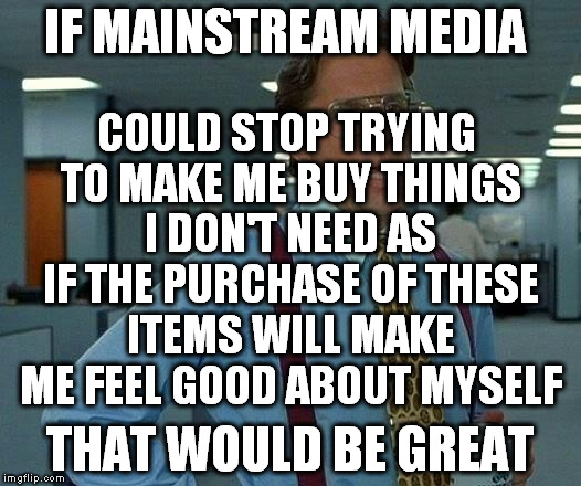 Not so much a meme as a cry for help. | IF MAINSTREAM MEDIA; COULD STOP TRYING TO MAKE ME BUY THINGS I DON'T NEED AS IF THE PURCHASE OF THESE ITEMS WILL MAKE ME FEEL GOOD ABOUT MYSELF; THAT WOULD BE GREAT | image tagged in memes,that would be great | made w/ Imgflip meme maker