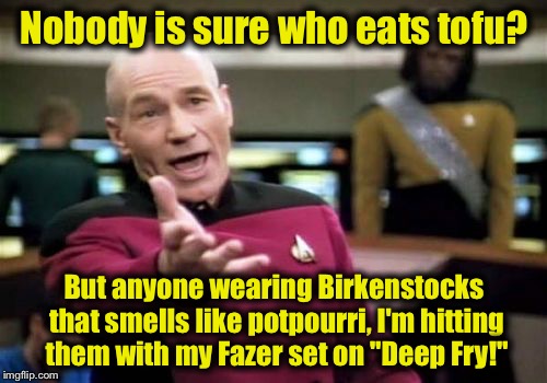 Picard Wtf Meme | Nobody is sure who eats tofu? But anyone wearing Birkenstocks that smells like potpourri, I'm hitting them with my Fazer set on "Deep Fry!" | image tagged in memes,picard wtf | made w/ Imgflip meme maker