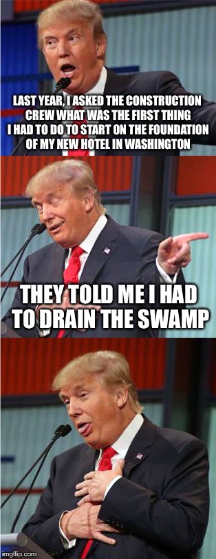 Bad Pun Trump | LAST YEAR, I ASKED THE CONSTRUCTION CREW WHAT WAS THE FIRST THING I HAD TO DO TO START ON THE FOUNDATION OF MY NEW HOTEL IN WASHINGTON; THEY TOLD ME I HAD TO DRAIN THE SWAMP | image tagged in bad pun trump | made w/ Imgflip meme maker
