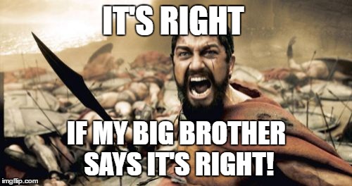 Sparta Leonidas Meme | IT'S RIGHT IF MY BIG BROTHER SAYS IT'S RIGHT! | image tagged in memes,sparta leonidas | made w/ Imgflip meme maker