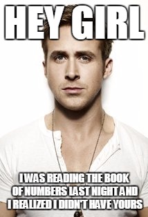Reminder, youth group: We will be having Babe Study at Chicks o'clock tonight! | HEY GIRL; I WAS READING THE BOOK OF NUMBERS LAST NIGHT AND I REALIZED I DIDN'T HAVE YOURS | image tagged in memes,ryan gosling | made w/ Imgflip meme maker